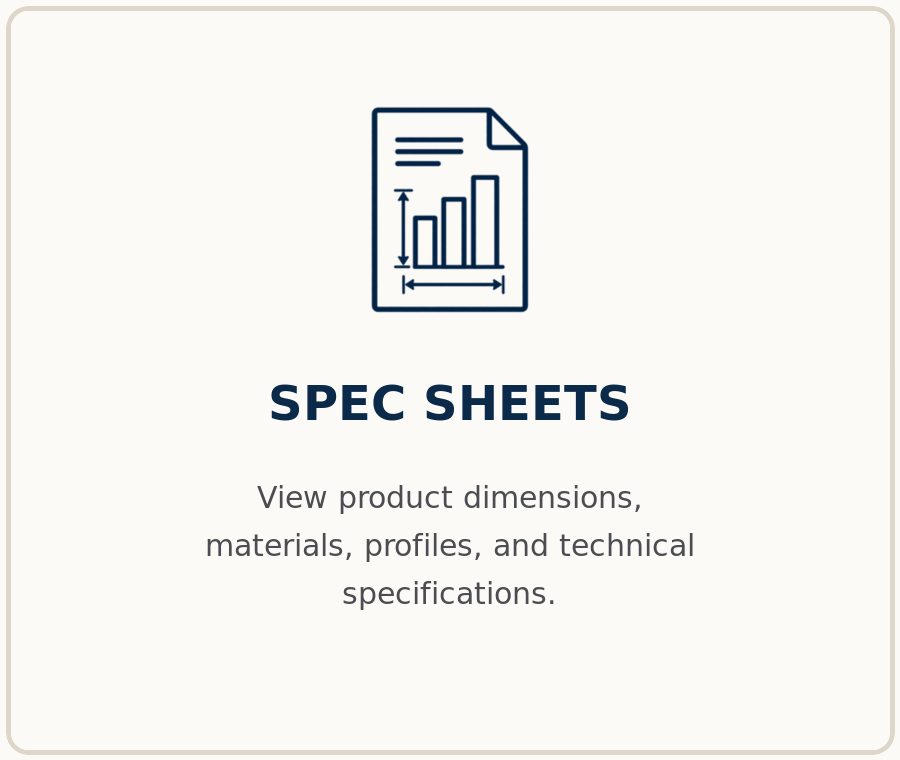 Icon of a document with a bar chart and arrow, labeled 'Spec Sheets', indicating viewing product specifications.