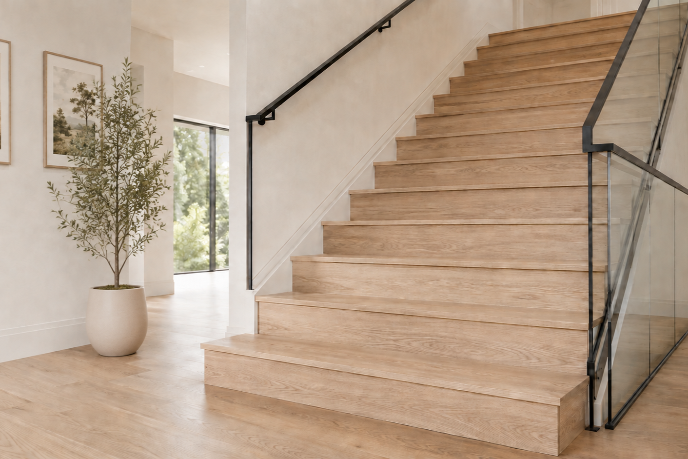 Modern wooden staircase with glass and black metal railing in a well-lit interior with potted plant and framed pictures on white wall.