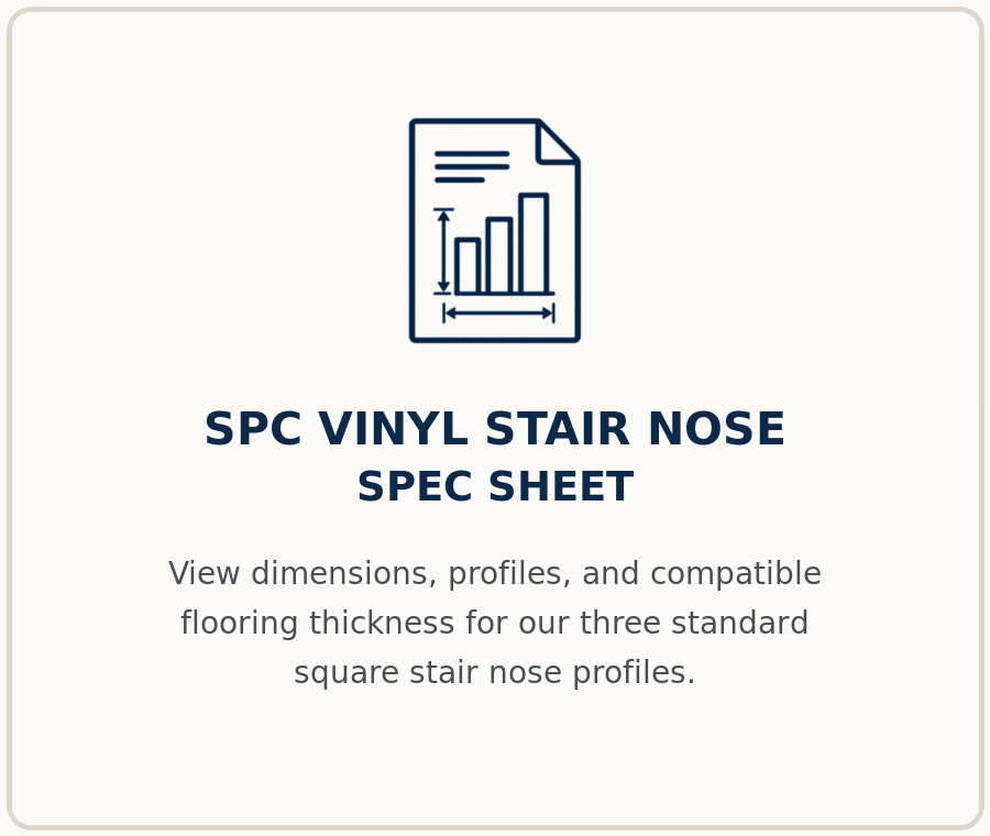 Cover page of a spec sheet for SPC Vinyl Stair Nose, with an icon of a document with a bar graph, and text describing viewing dimensions, profiles, and compatible flooring thickness for stair nose profiles.