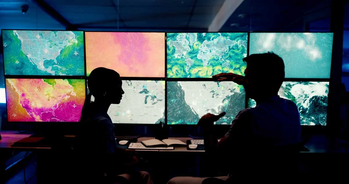 Silhouettes of two people in front of multiple monitors displaying weather maps and satellite images of earth.