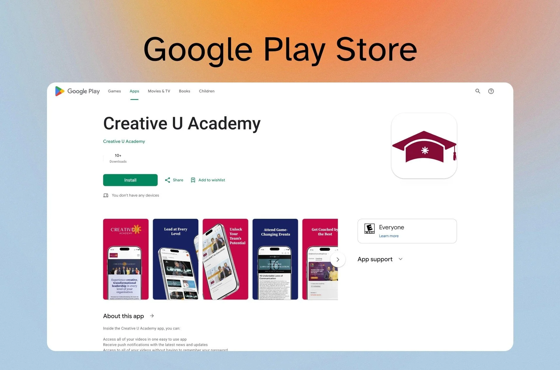 Creative U Academy app listing on the Google Play Store