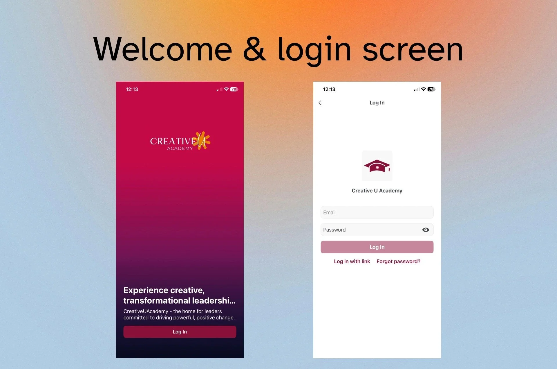 Creative U Academy app welcome and login screens