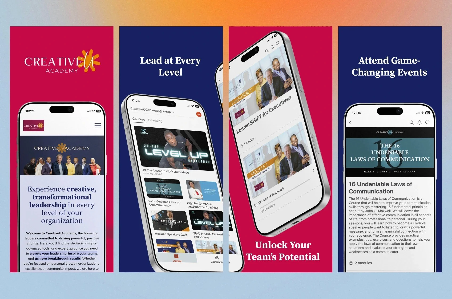 Creative U Academy Kajabi Branded Mobile App screens