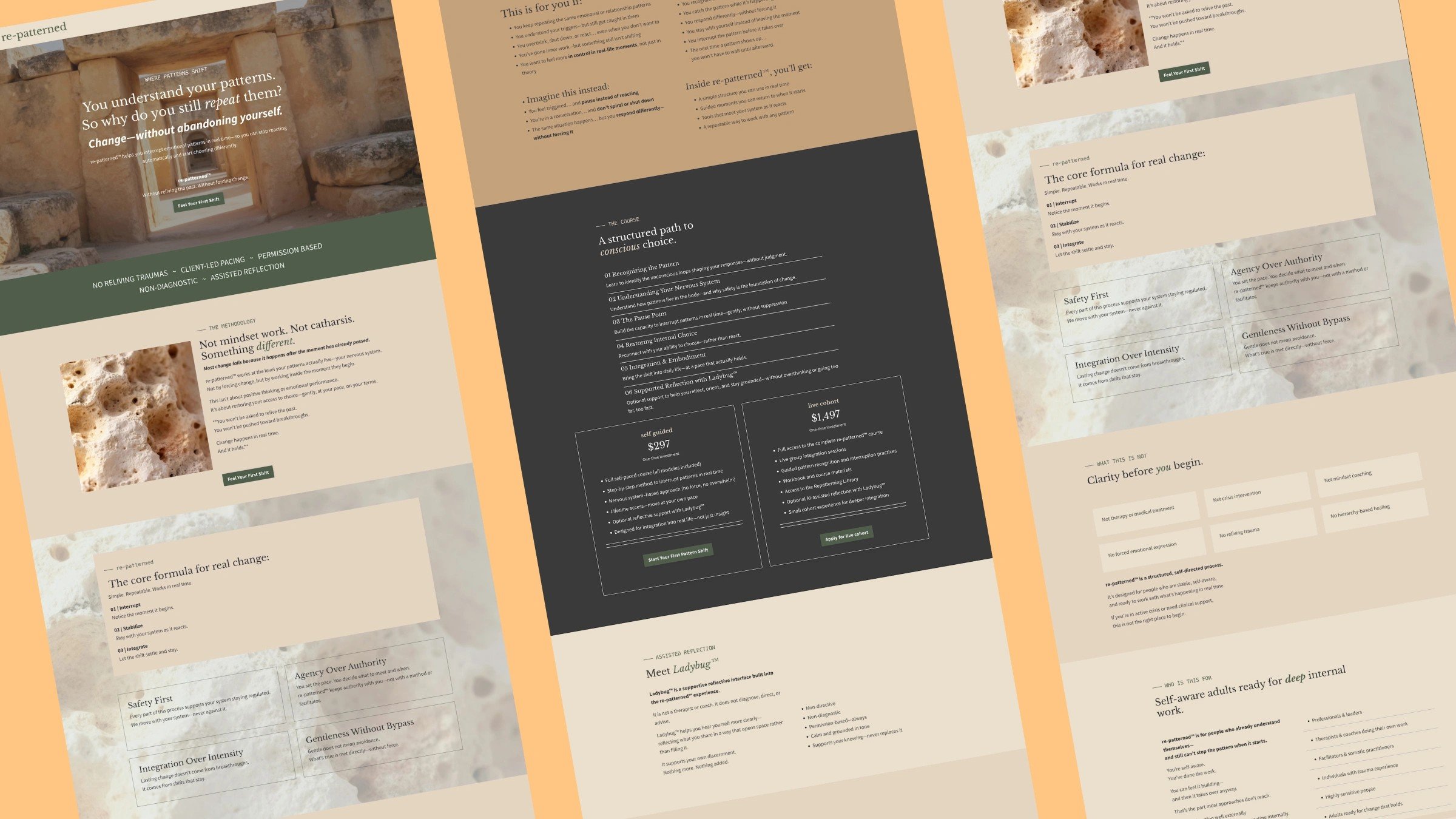 re-patterned Kajabi website pages: course sales page, checkout and library