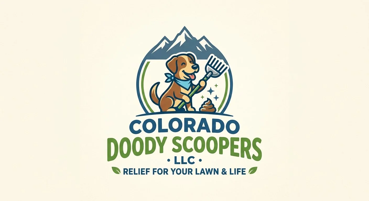 Logo for Colorado Doody Scoopers LLC featuring a cartoon dog with a blue bandana holding a pooper scooper, with mountains in the background and the tagline "Relief for your lawn & life."