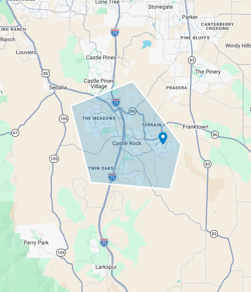 Map showing the city of Castle Rock and surrounding areas, including Twin Oaks, The Meadows, Castle Pines, Franktown, and Larkspur, with major highways I-25, 105, and 86.
