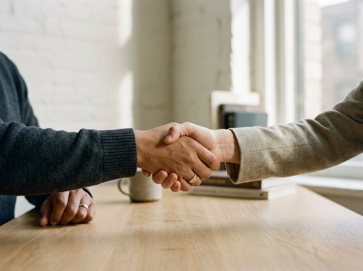 Two people shaking hands across a table in an office setting.