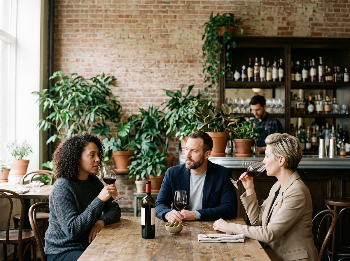 Three people sitting at a restaurant table with wine glasses, a bottle of wine, and a small bowl of olives, engaged in conversation near a window with potted plants and a brick wall.