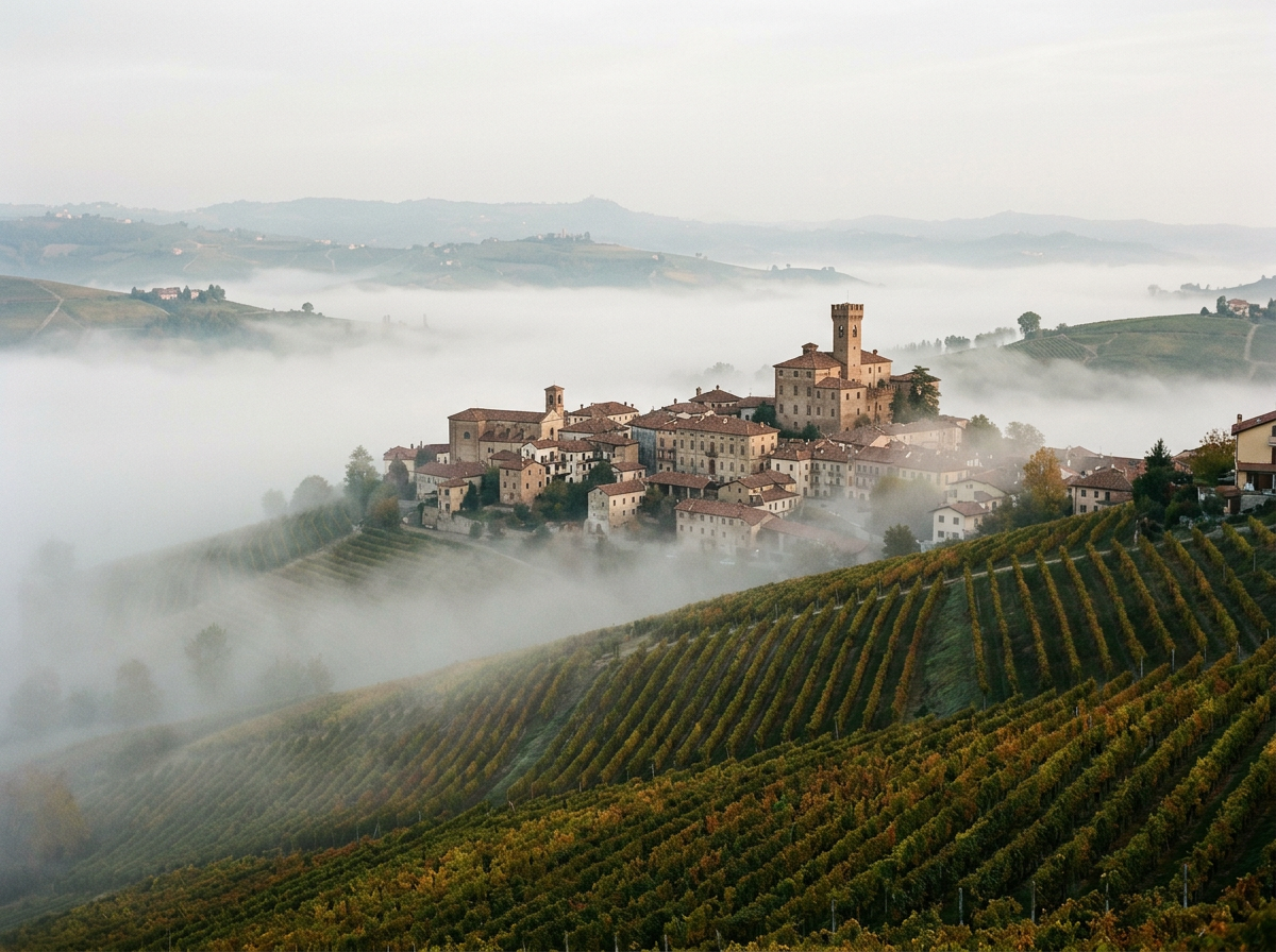 A scenic view of a foggy hillside village with a castle and vineyards in Italy.