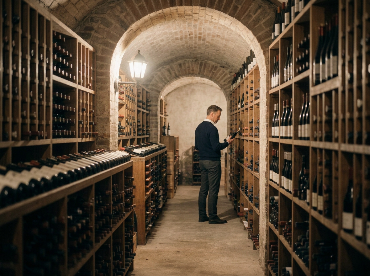 A man looking at a wine bottle in a wine cellar with brick arch ceilings and wooden shelves filled with wine bottles.