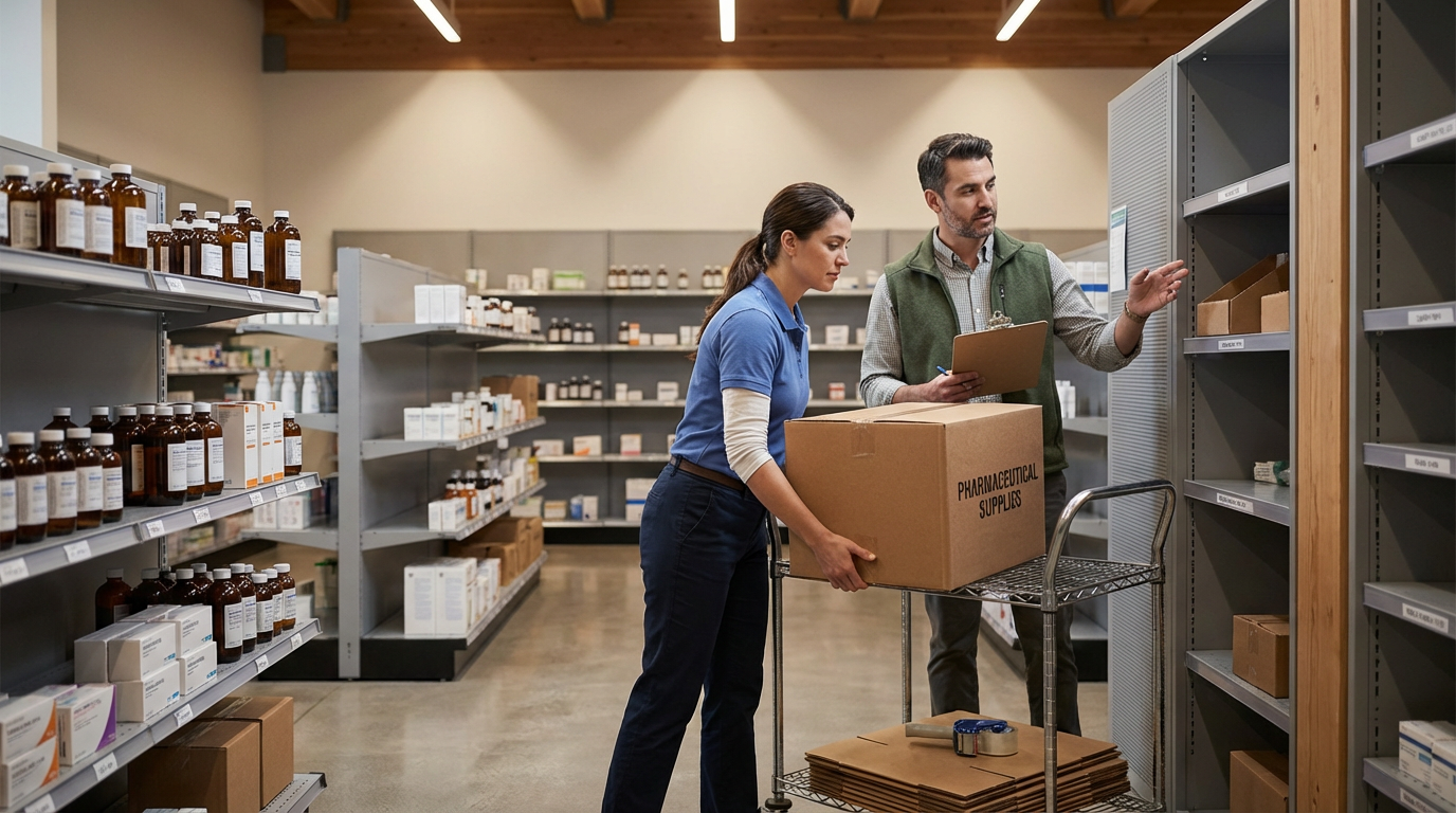 Two people, a man and a woman, are working together in a pharmacy warehouse, handling a box labeled 'Pharmaceutical Supplies' and discussing inventory.