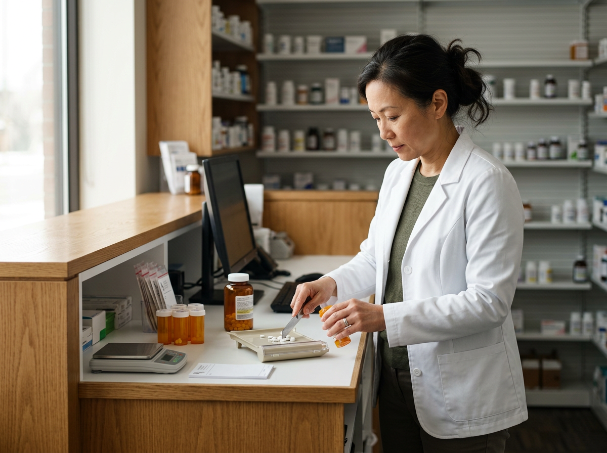 A female pharmacist in a white lab coat dispenses medication from a pill bottle into a tray at a pharmacy counter.