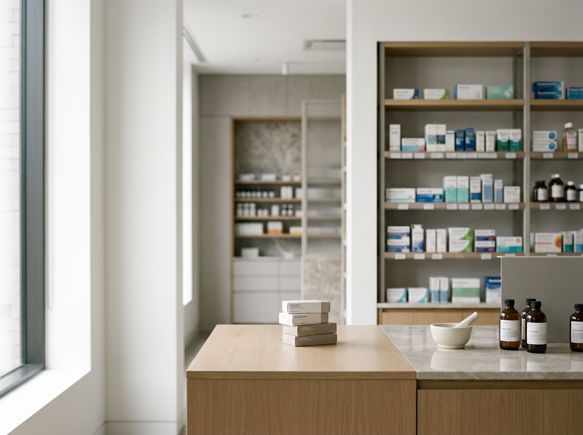Interior of a pharmacy or medical supply store with shelves stocked with medications and supplies, a wooden counter with boxes, bottles, and a mortar and pestle, and bright natural light.