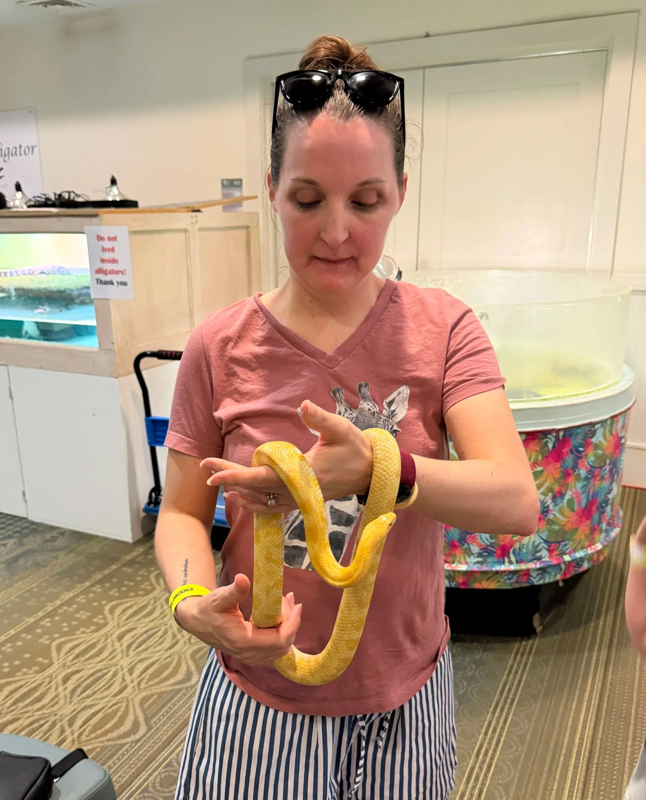 A woman with sunglasses on her head holding a yellow snake around her arm and hand.