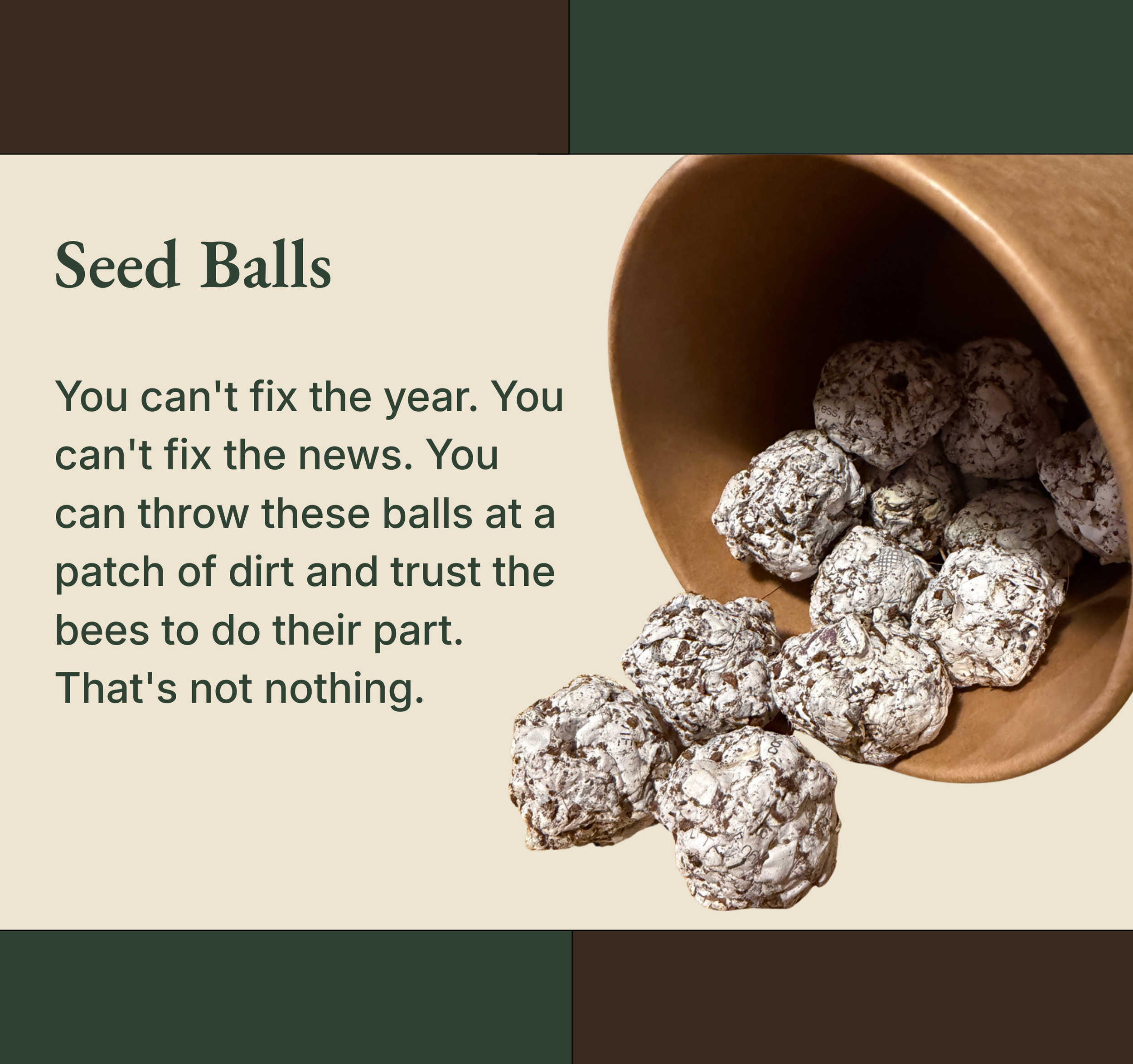 Seed balls in a wooden cup with the words throw something, grow something