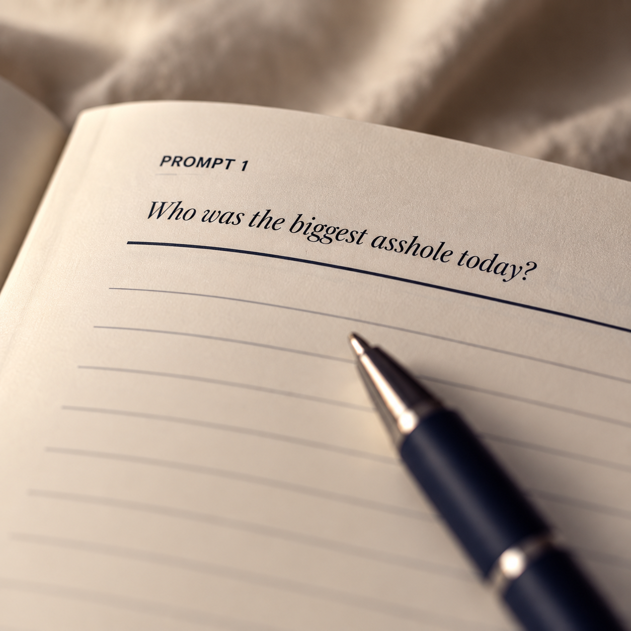The Anti-Gratitude Journal open to prompt 1, "Who was the biggest asshole today?"