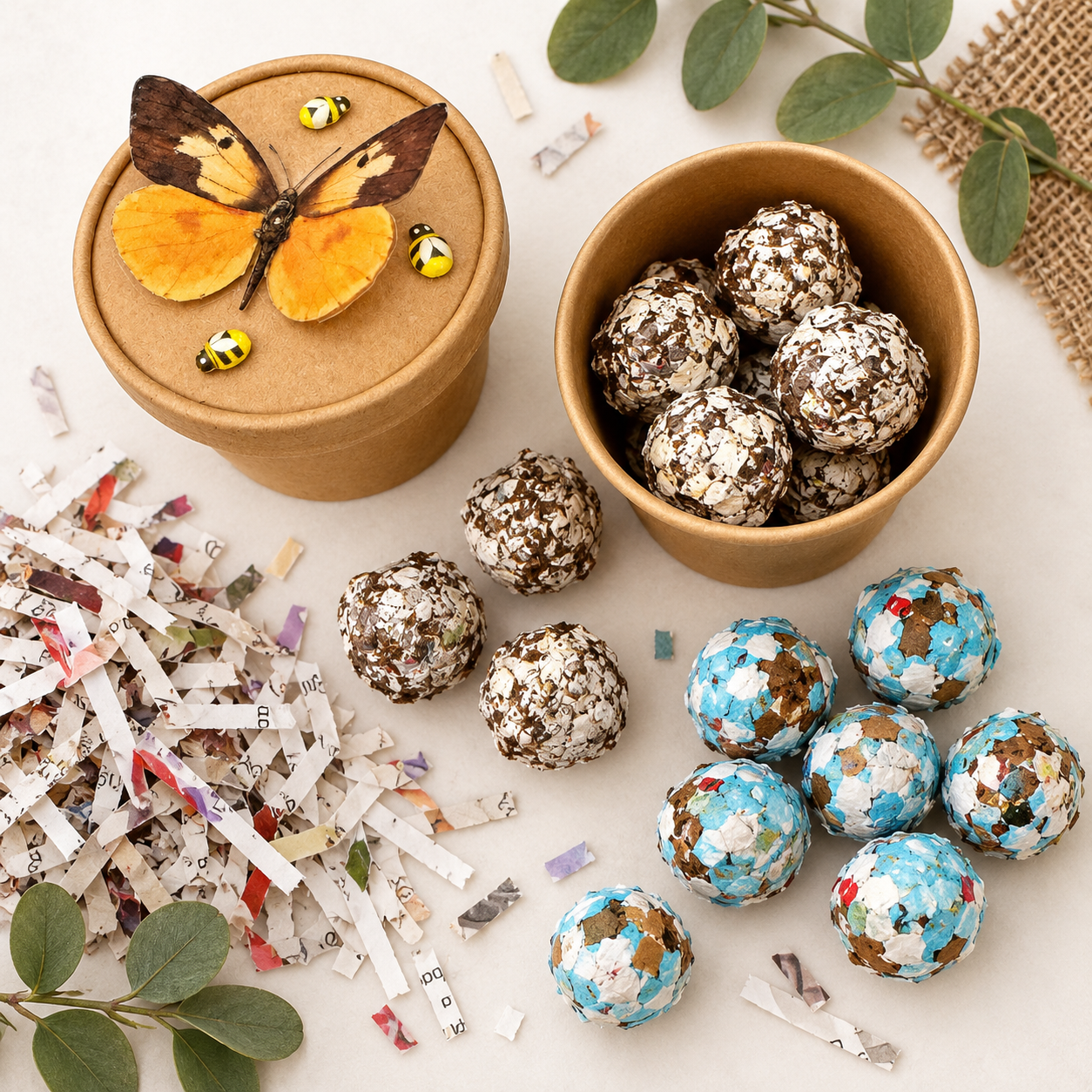 Paper seed balls in a kraft container, shot from above with the sticker-topped lid alongside