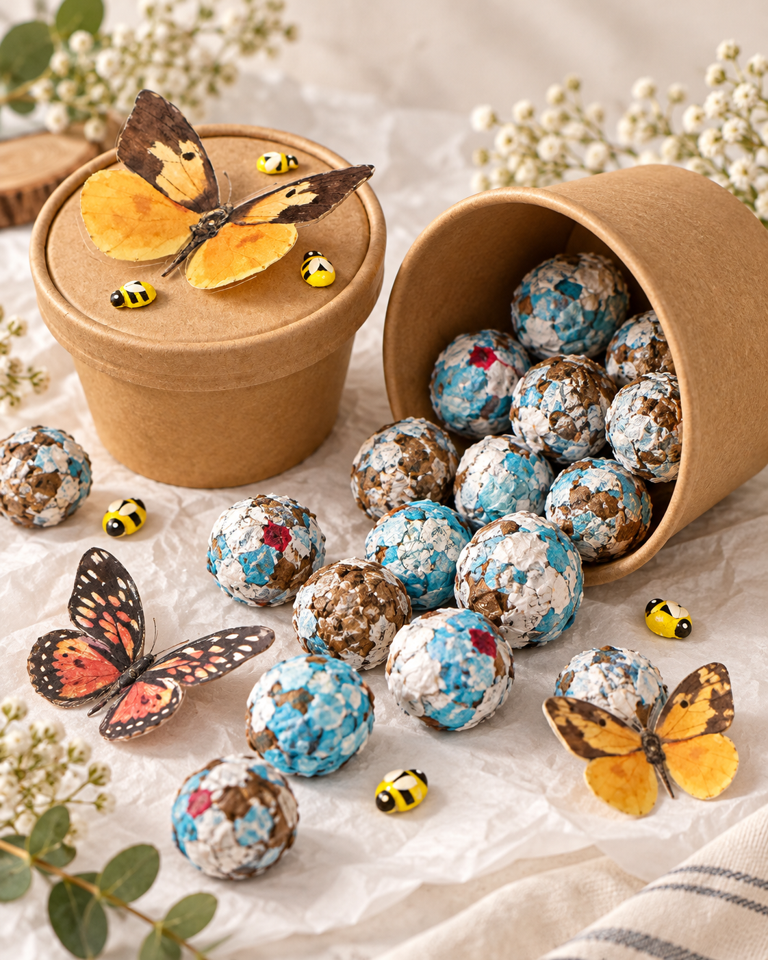 Seed balls spilling from a kraft container among white flowers and paper butterflies