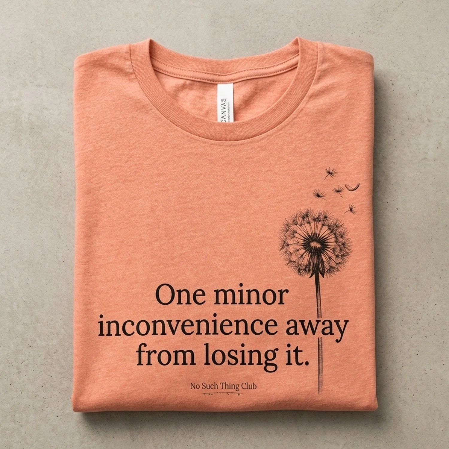 Heather Sunset tee folded on concrete, printed in black with "One minor inconvenience away from losing it." and a dandelion going to seed