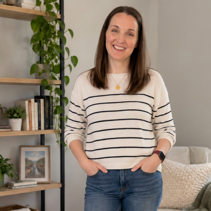 Colleen standing against a plain wall in a striped sweater, hands in her pockets