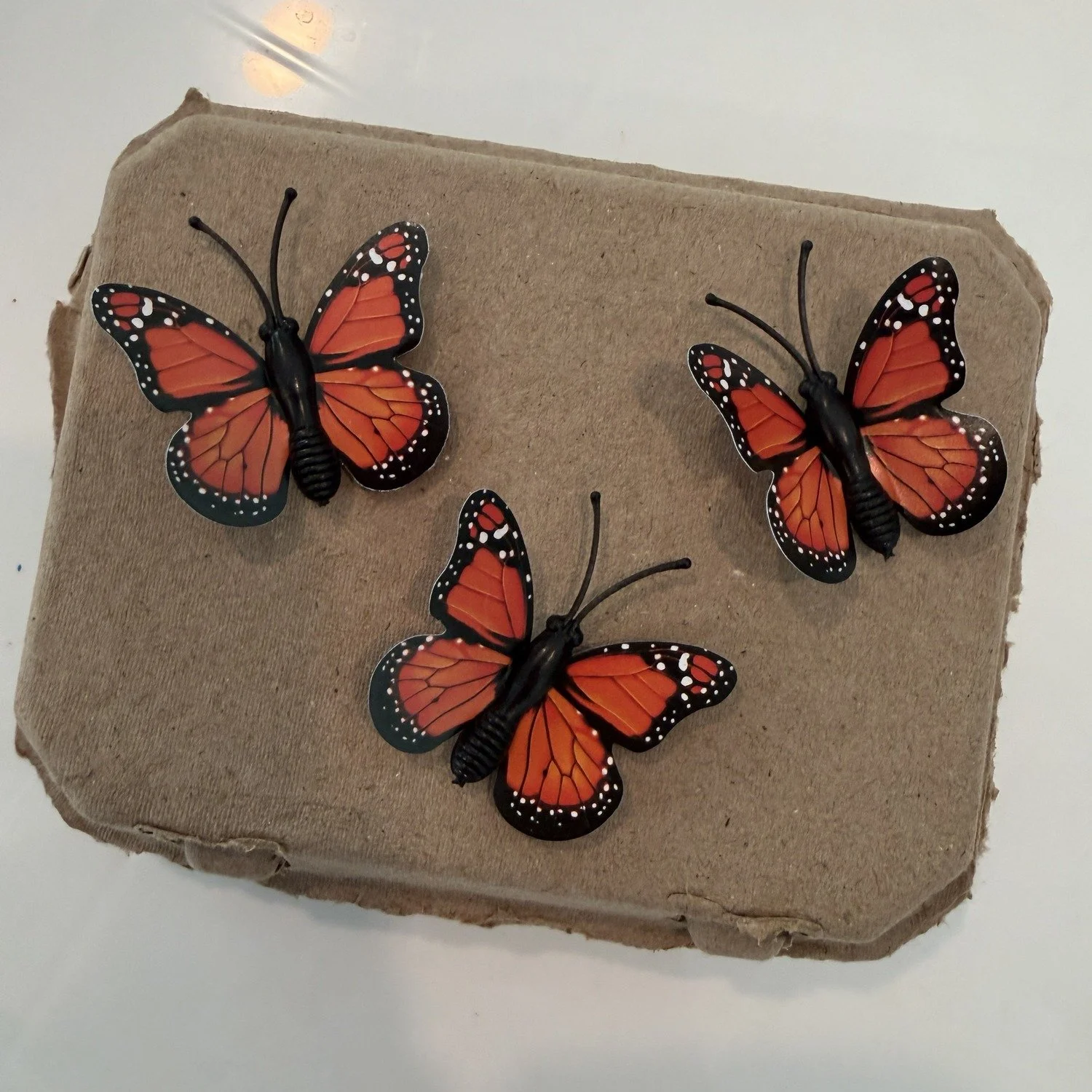 Kraft egg carton lid with three 3D monarch butterflies, seen from an angle.