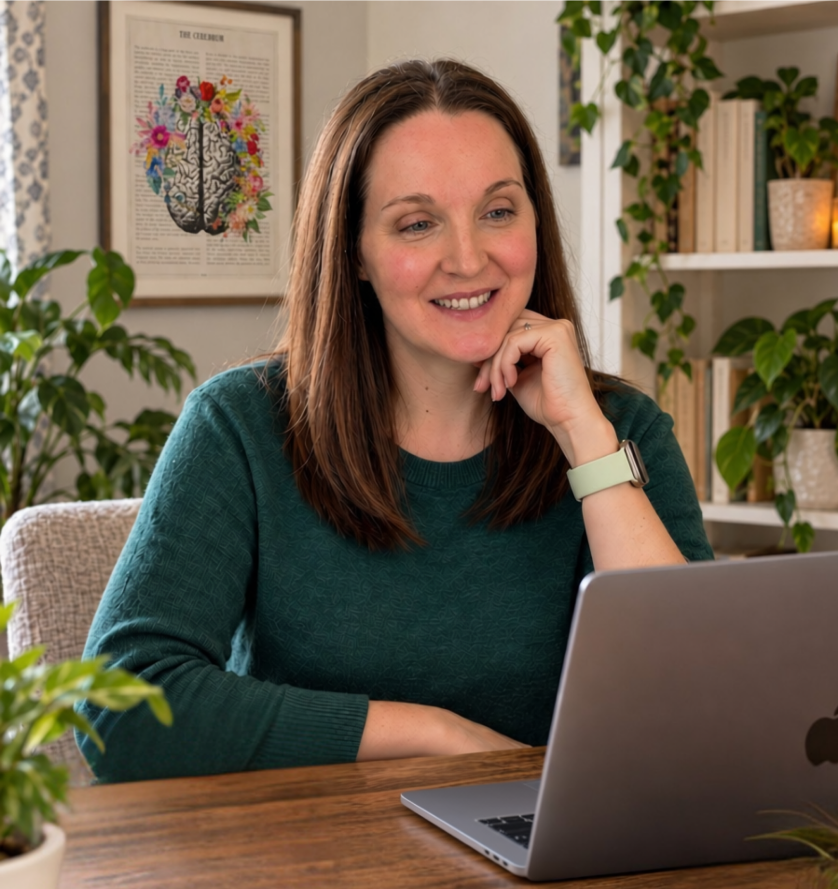 Colleen at her desk with a laptop, hand resting against her chin