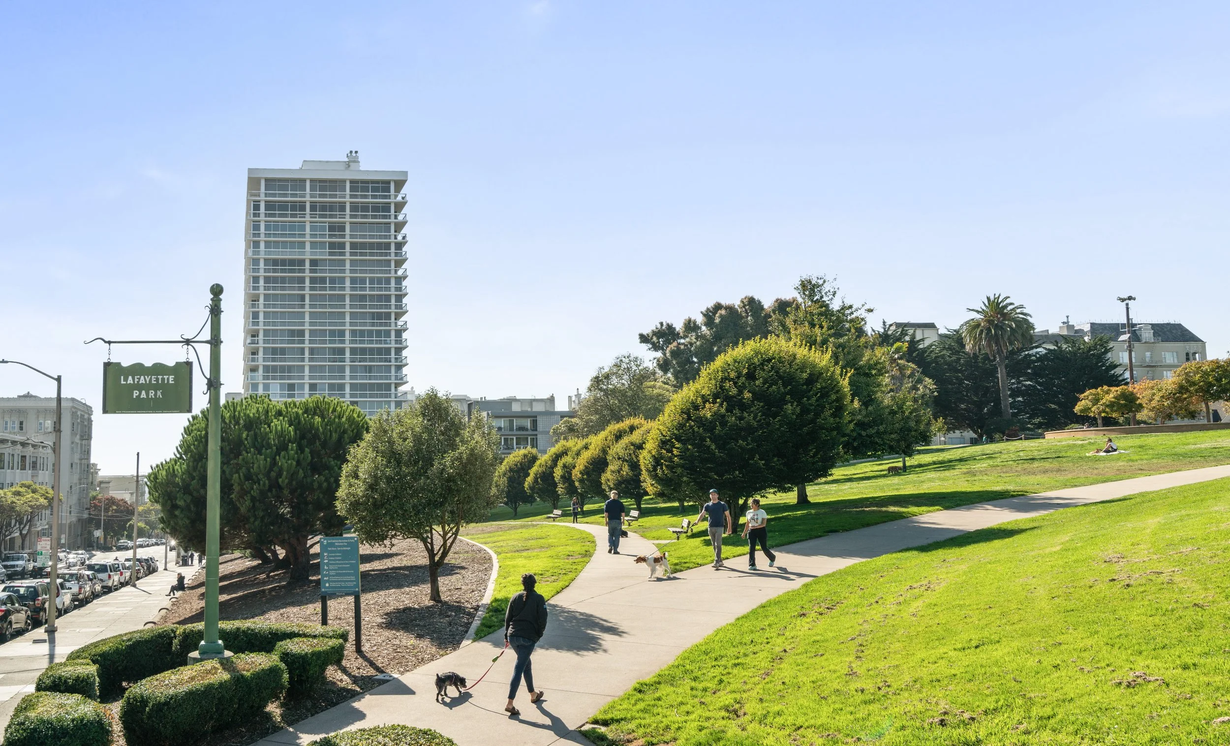 A city park with green grass, trees, and a paved walking path. People are walking dogs and relaxing on benches. In the background, there are tall buildings, including a modern high-rise, and a street with cars. A sign reads 'Lafayette Park.'