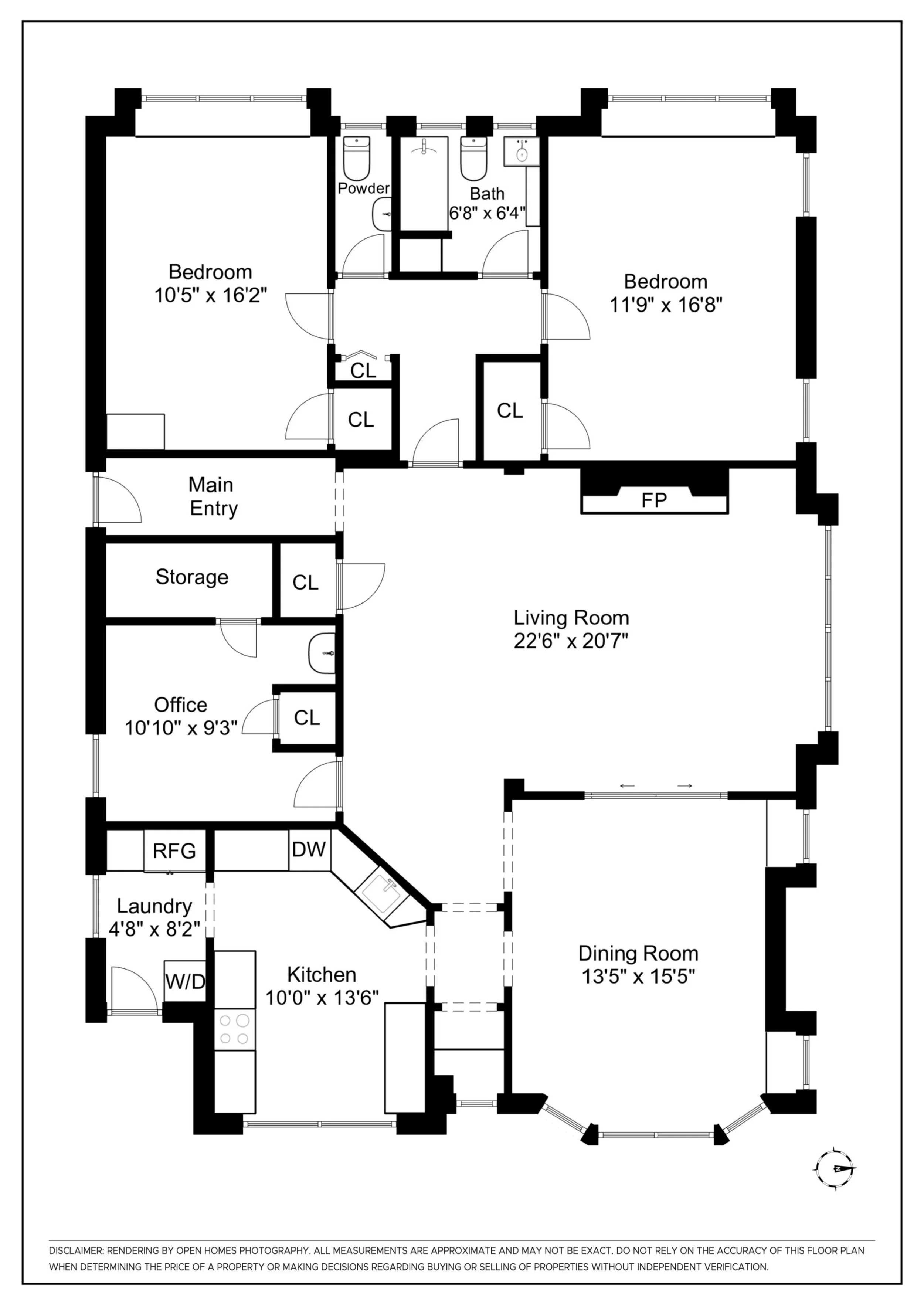 Floor plan of a house with labeled rooms including bedrooms, a living room, kitchen, laundry room, office, bathroom, powder room, storage, and various closets, with dimensions noted for each space.