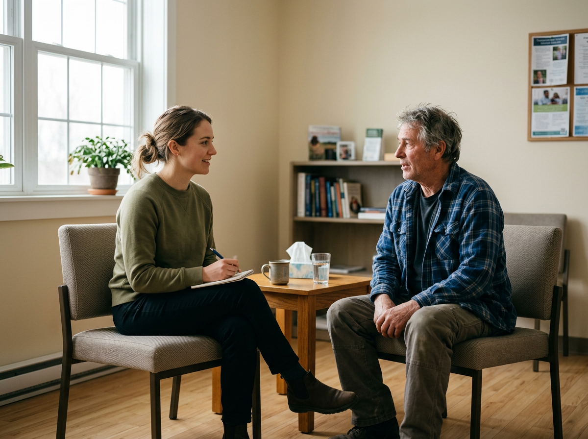 A psychiatry resident and attending sit across from each other during a therapy session in a well-lit room with beige walls, a window, a small table, and a bookshelf in the background.