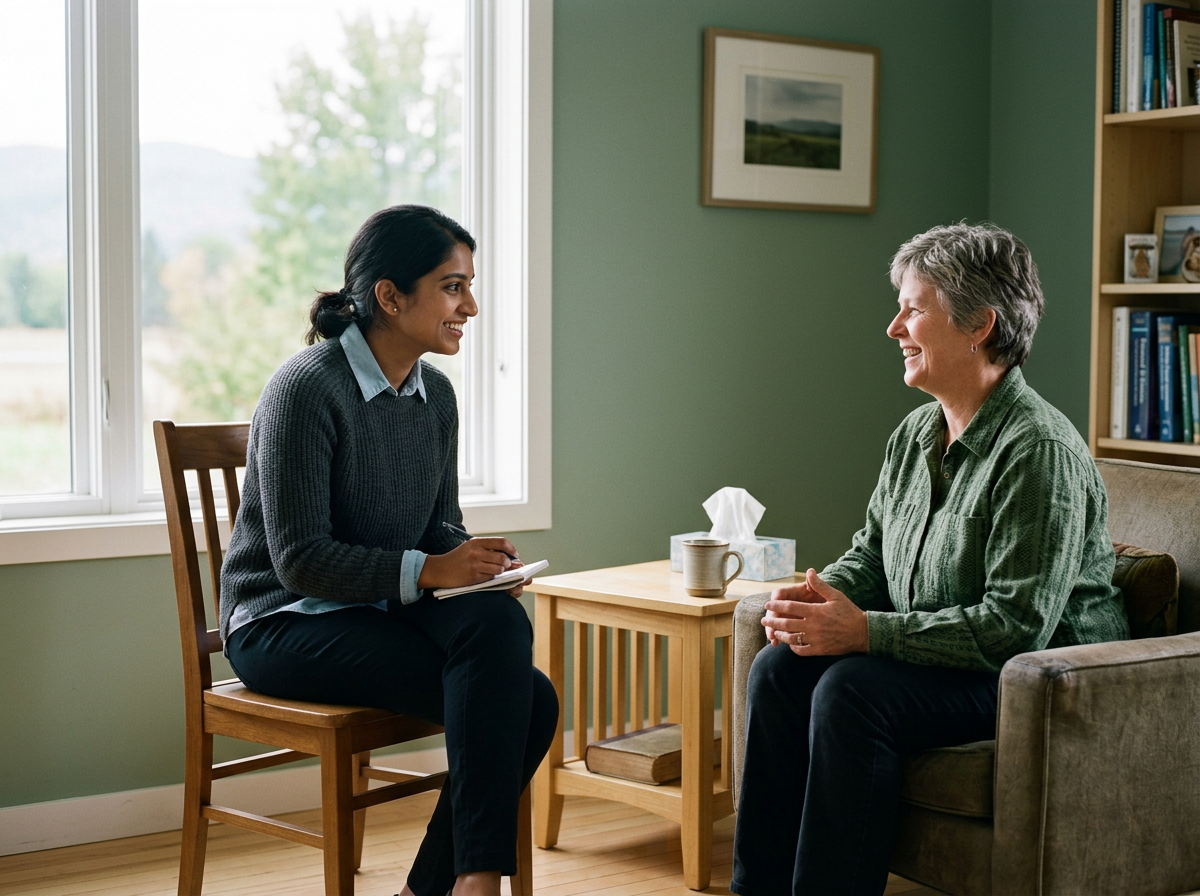A young woman sitting on a wooden chair with a notepad, talking to an older woman sitting on a grey armchair, inside a room with a window showing a green outdoor landscape.