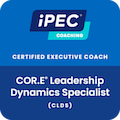 iPEC logo with text 'CERTIFIED EXECUTIVE COACH' and 'C.O.R.E. Leadership Dynamics Specialist (CLDS)'