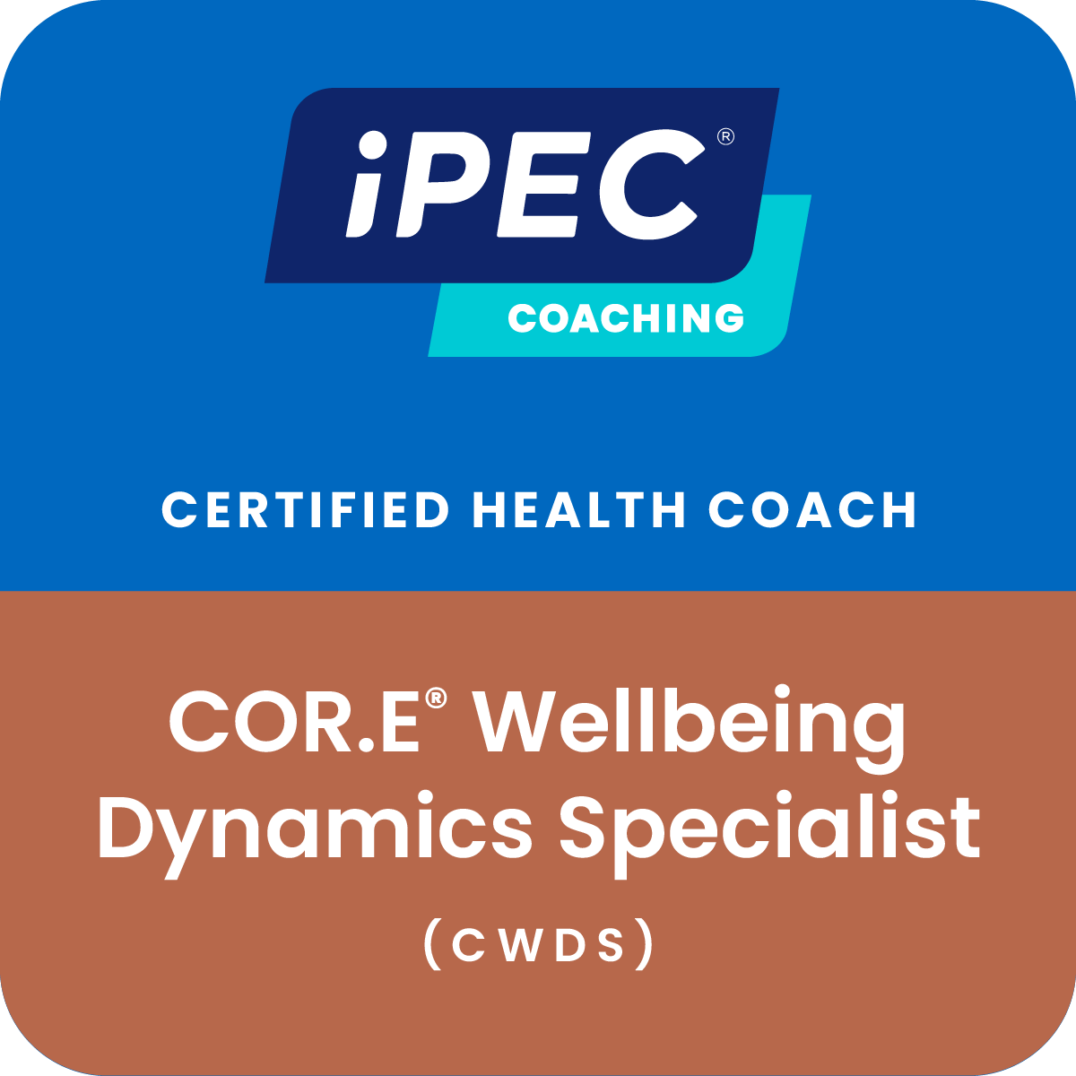 Label with blue background and brown section below, featuring logos and text indicating certification as a health coach with specialization in wellbeing dynamics, from iPEC coaching.