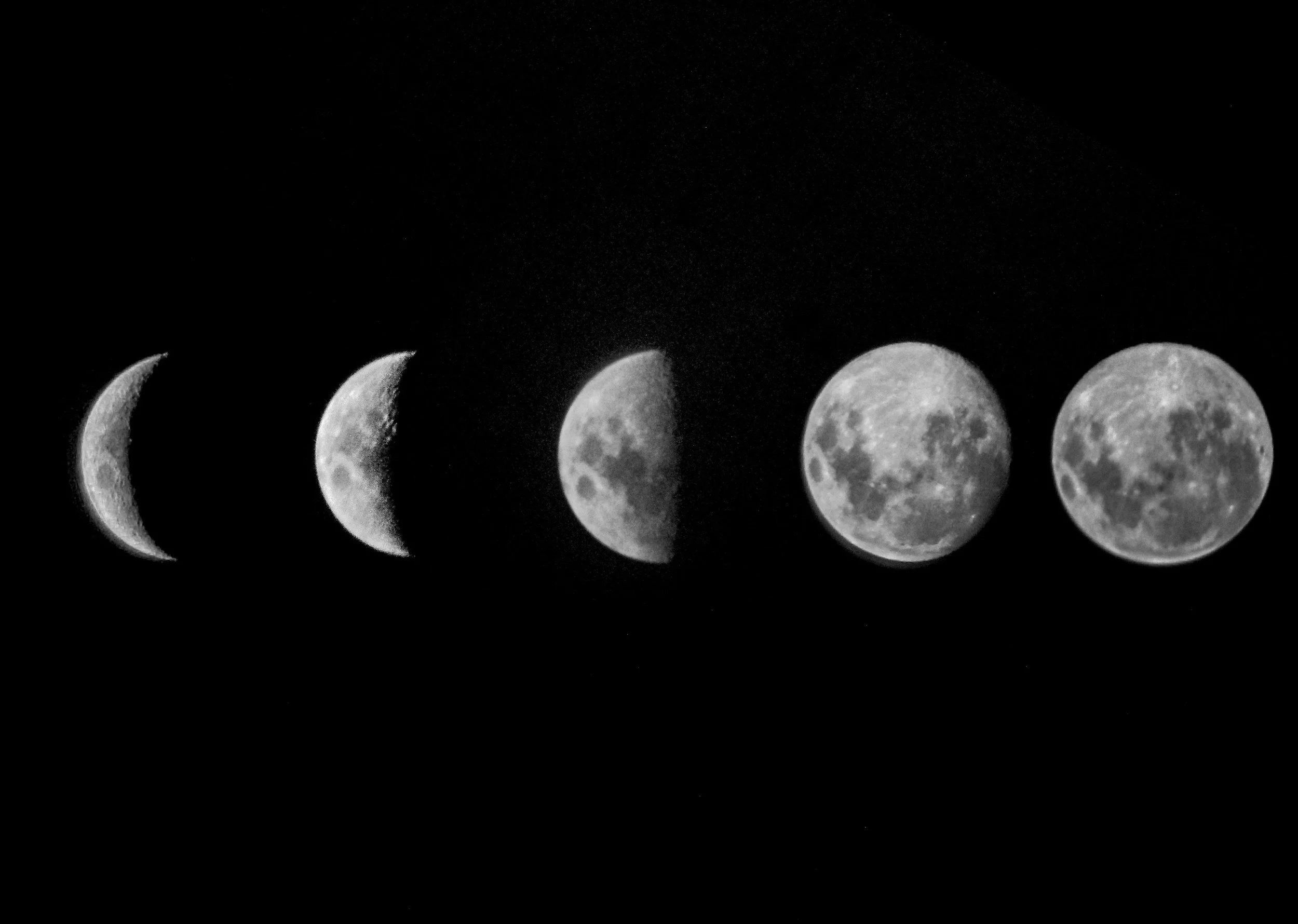 Sequence of moon phases from new moon to full moon, shown in black and white.