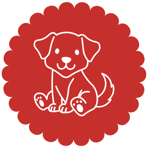Cute white line drawing of a puppy with floppy ears and a wagging tail, sitting inside a red scalloped circular background.