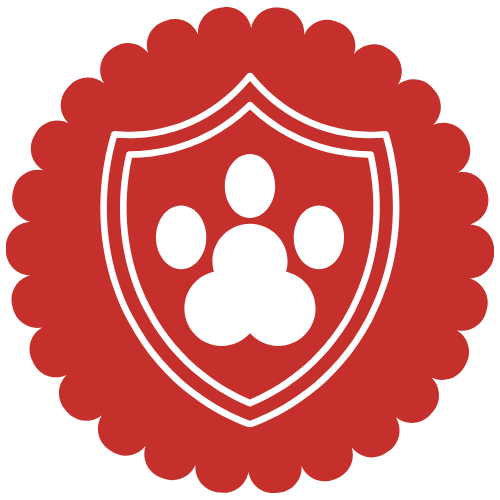 Red badge with a white paw print inside a shield outline in the center.