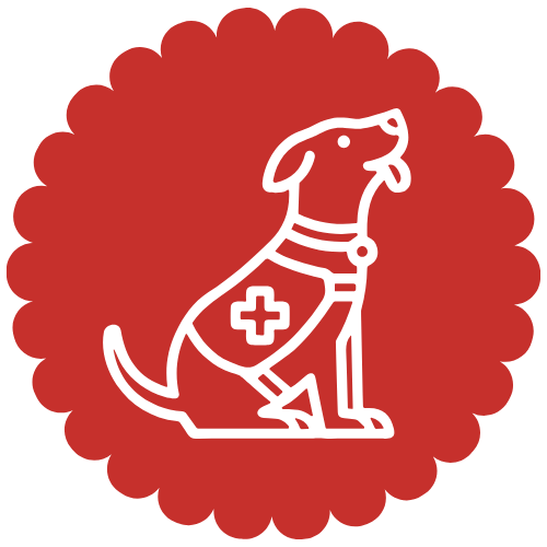 A cartoon illustration of a service dog wearing a vest with a medical cross, sitting against a red scalloped background.