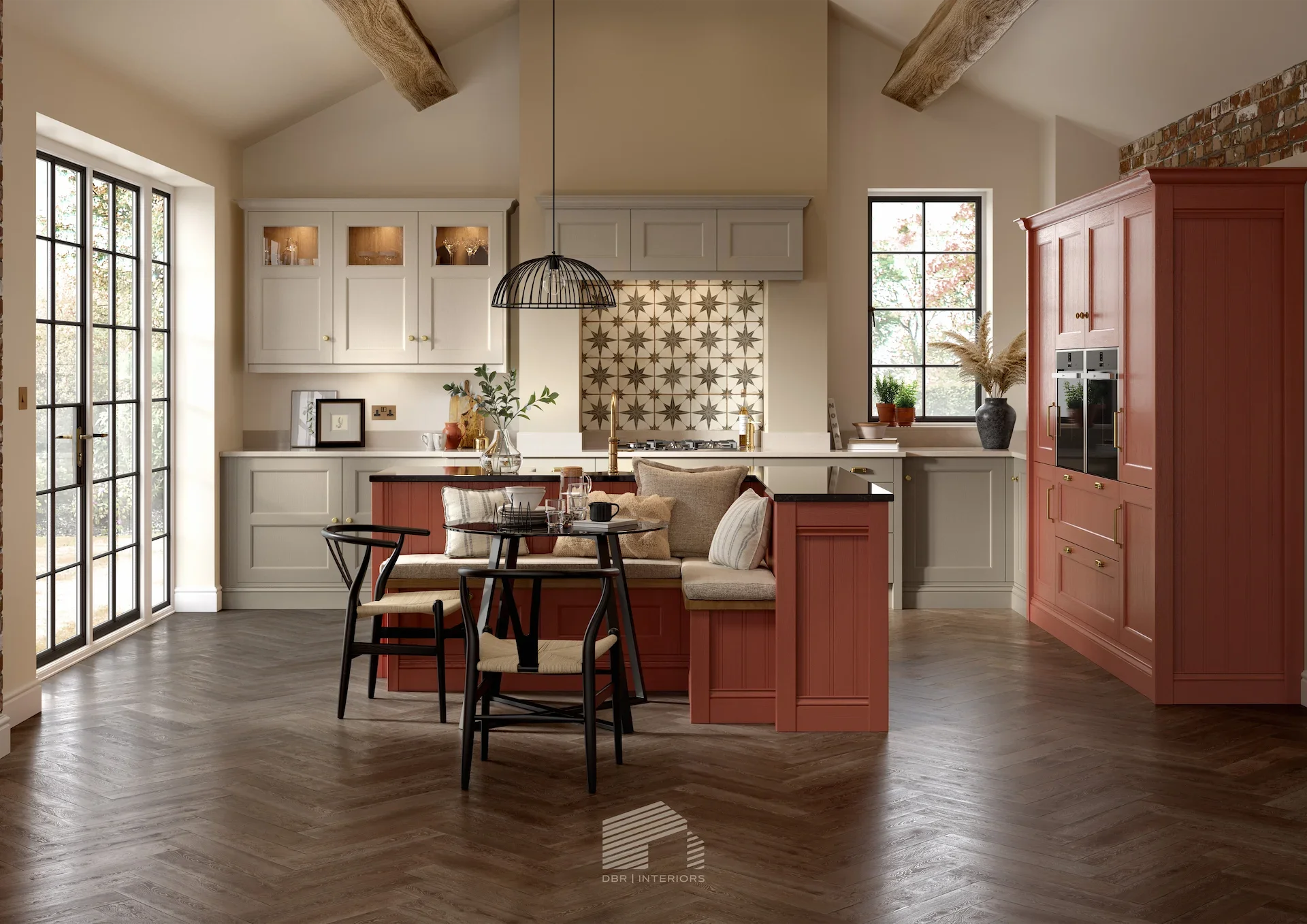Modern kitchen with white cabinetry, red island, black chairs, large windows, hardwood floors, and exposed brick wall.