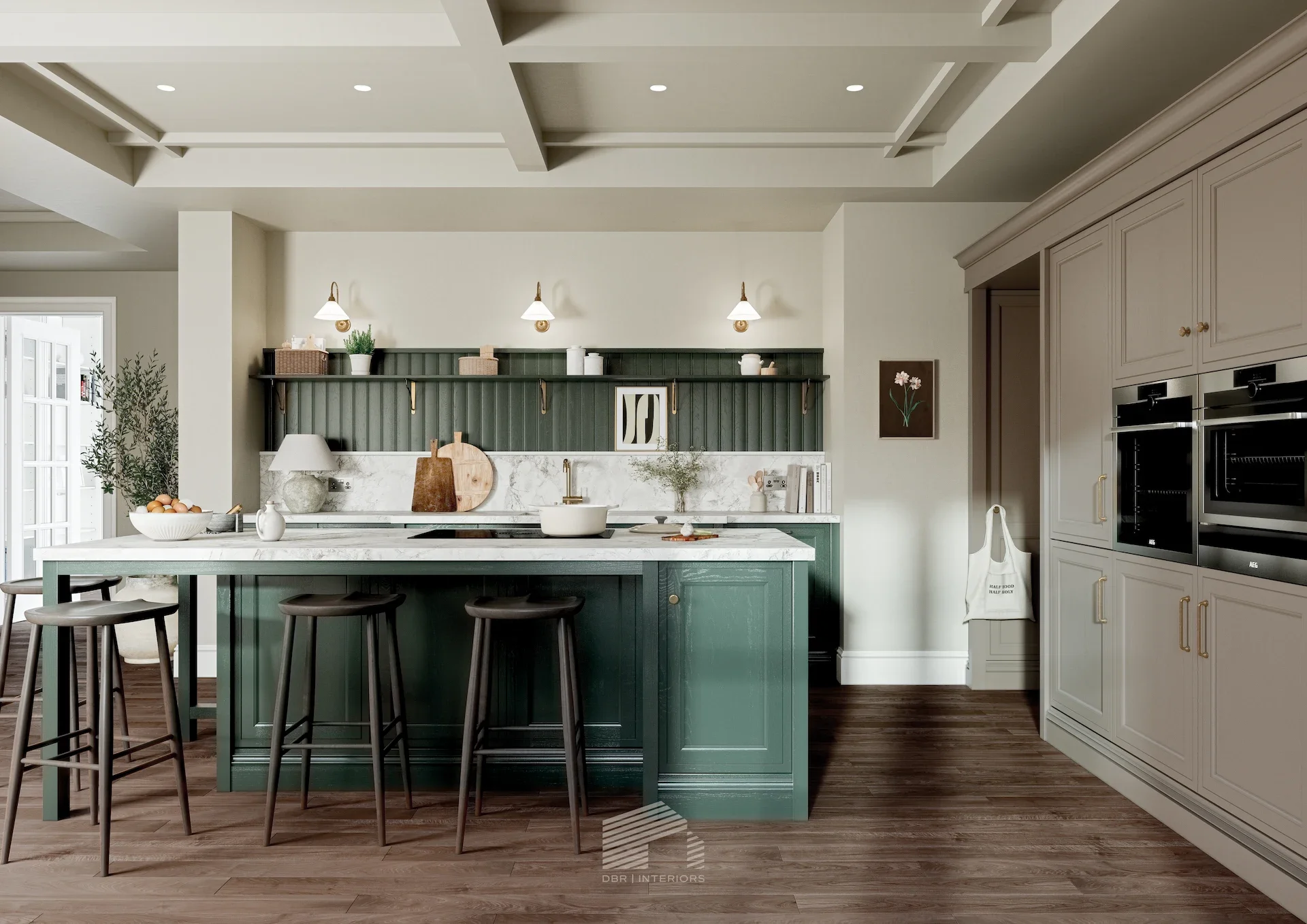 Modern kitchen with a green island, marble countertop, black stools, beige cabinetry, and decorative items on open shelves.