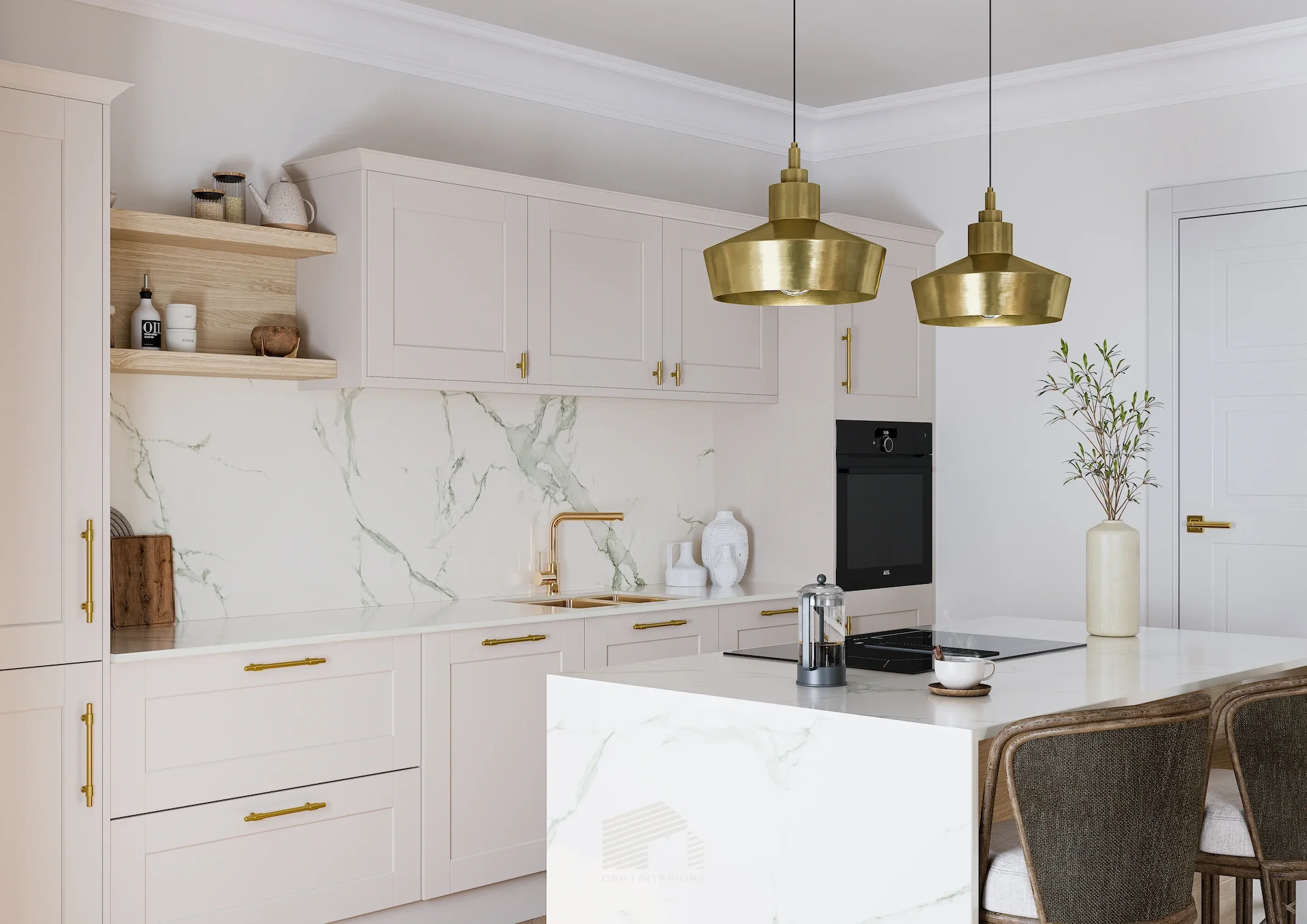 Modern kitchen with white cabinetry, marble backsplash, and gold hardware. Two large gold pendant lights hang above a white marble island, which has a potted plant and a bowl. There are also open wooden shelves with kitchen items, and a built-in oven and countertops with small appliances.