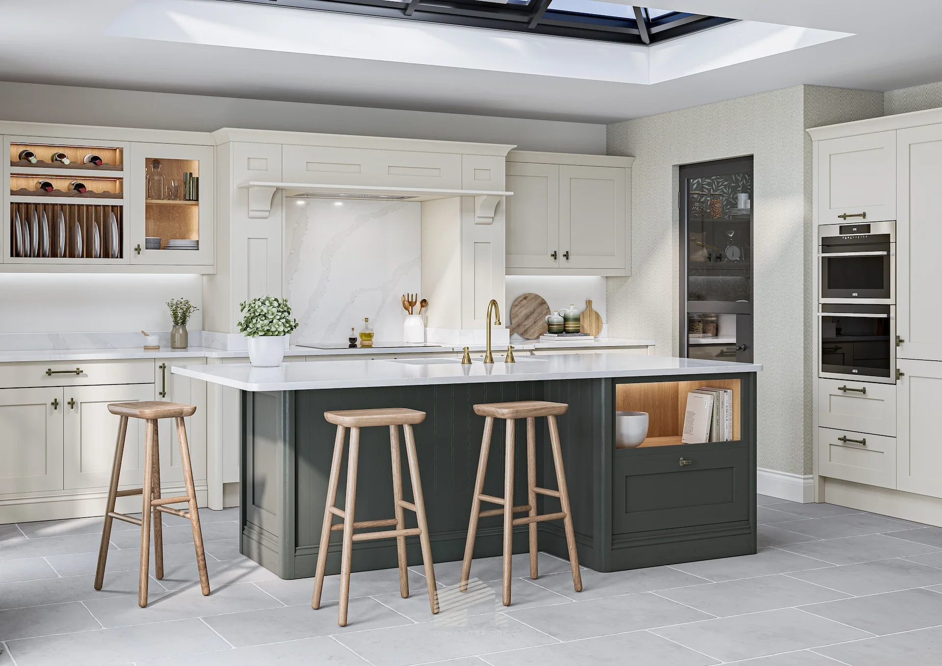 Modern kitchen with white cabinets, marble backsplash, island with a dark green base, wooden bar stools, and skylight. There are decorative dishes and plants visible.