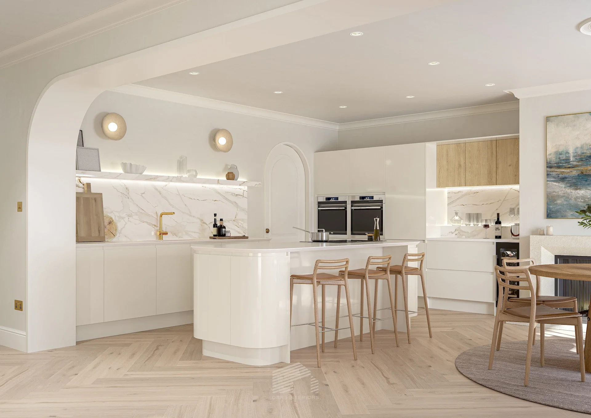 Modern open-concept kitchen and dining area with white cabinetry, marble backsplash, and wooden accents, including kitchen island and dining chairs.