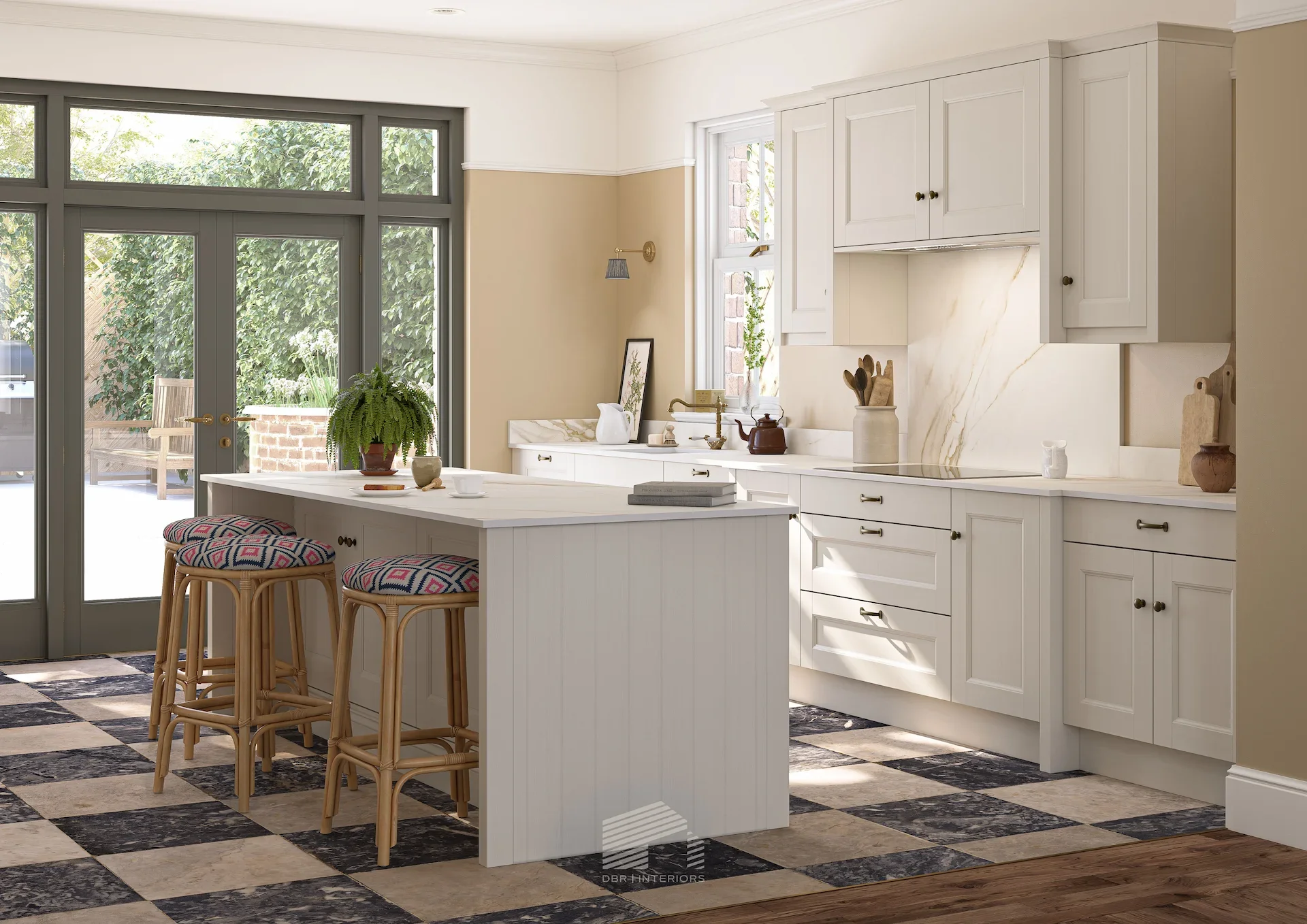A bright, modern kitchen with white cabinets, a marble backsplash, and a large window. There is a kitchen island with three patterned stools and decorative items including a plant, books, and kitchen utensils.
