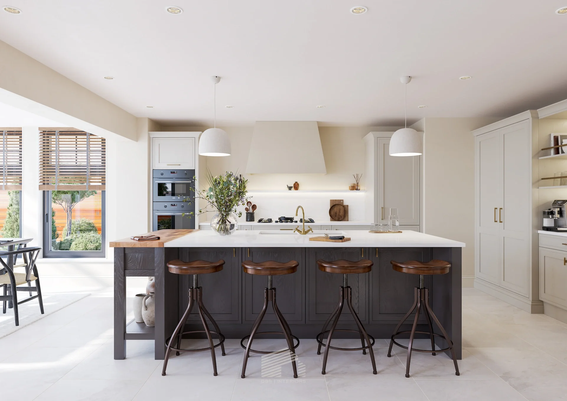 Modern kitchen with white cabinets, a large island with a dark base, wooden bar stools, pendant lights, and a view of windows with blinds overlooking trees outside.
