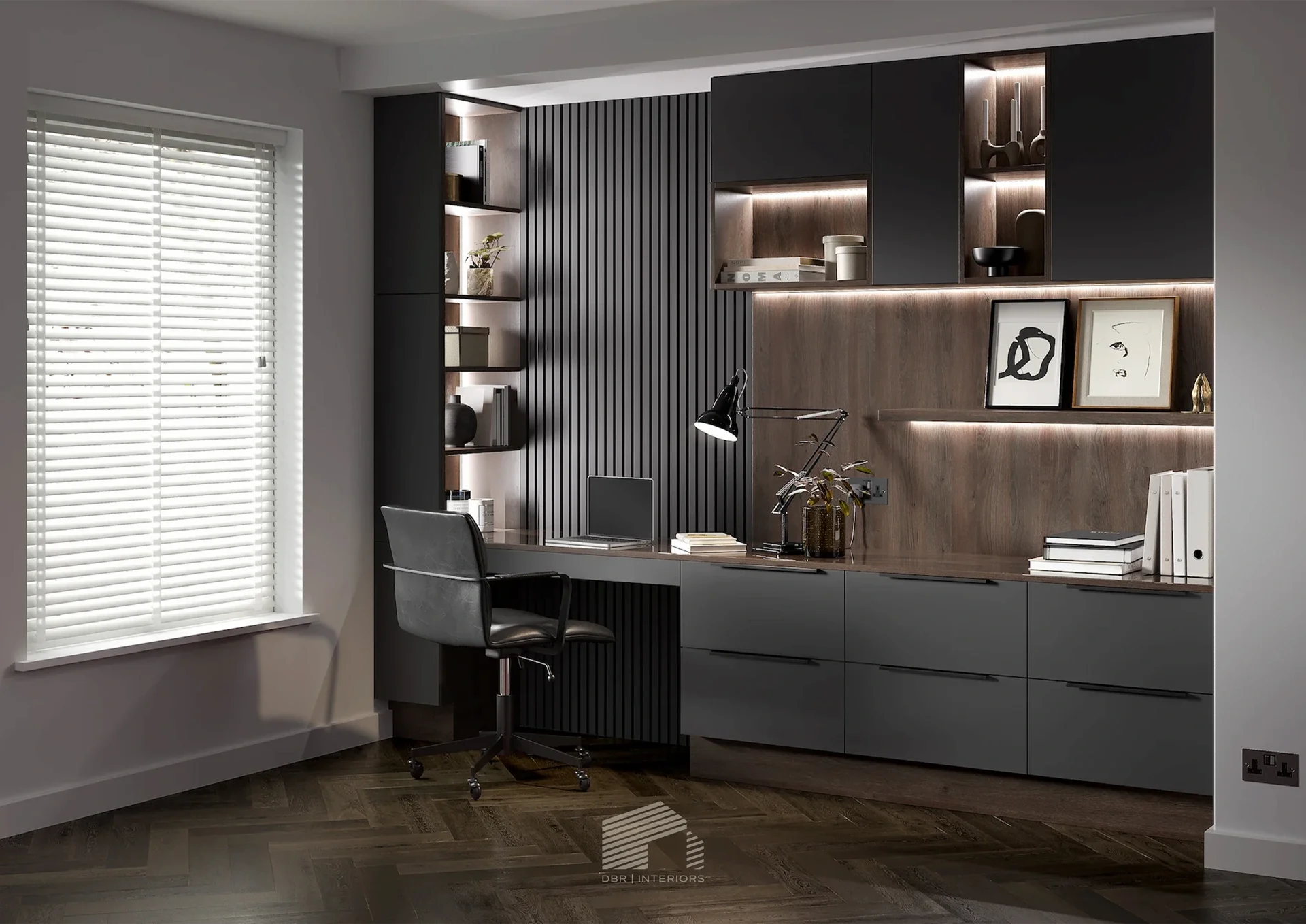 Modern home office with a textured wall, built-in shelves, and a desk with a black chair.