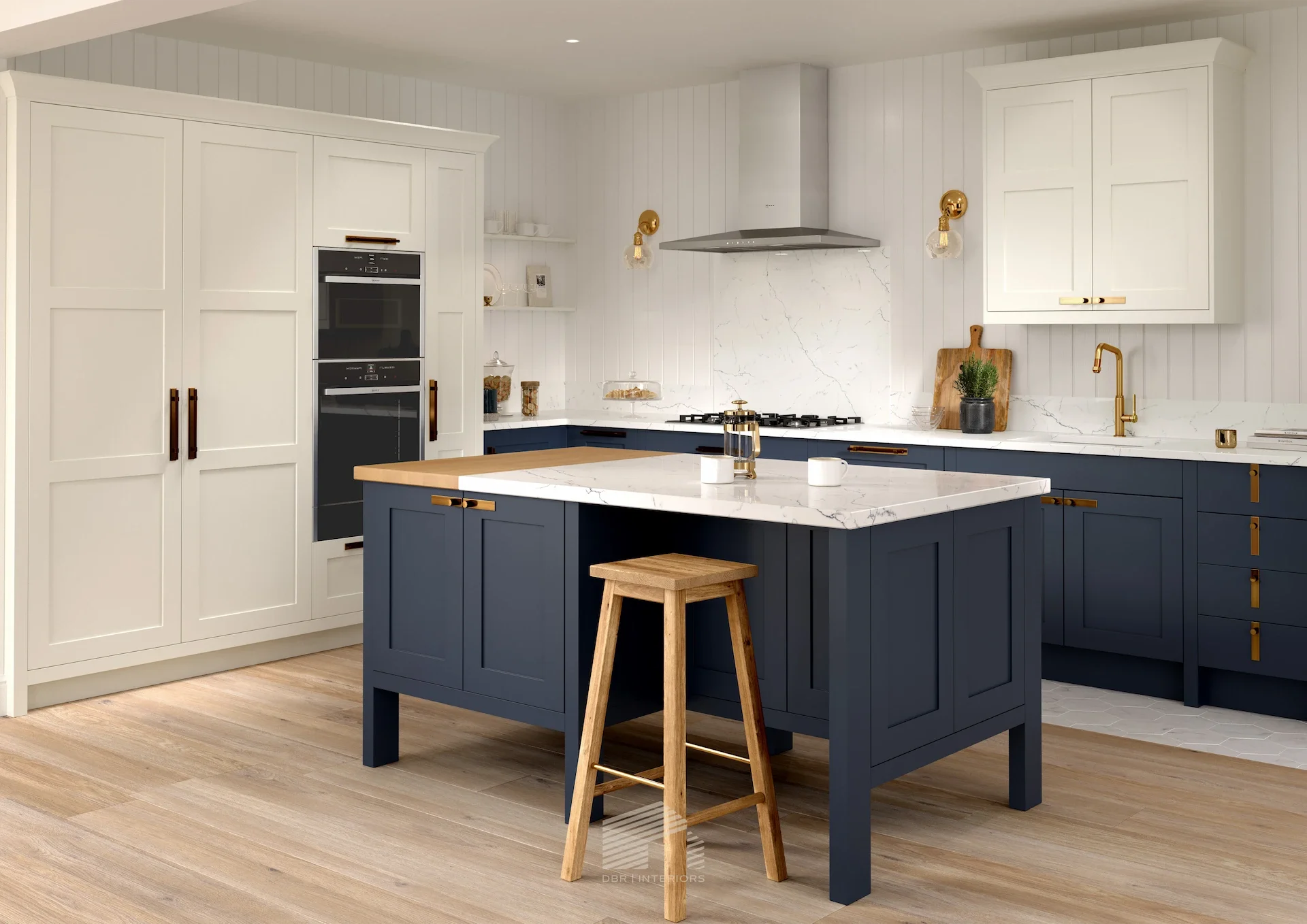 Modern kitchen with white and navy blue cabinets, marble countertops, and a kitchen island with a wooden stool.