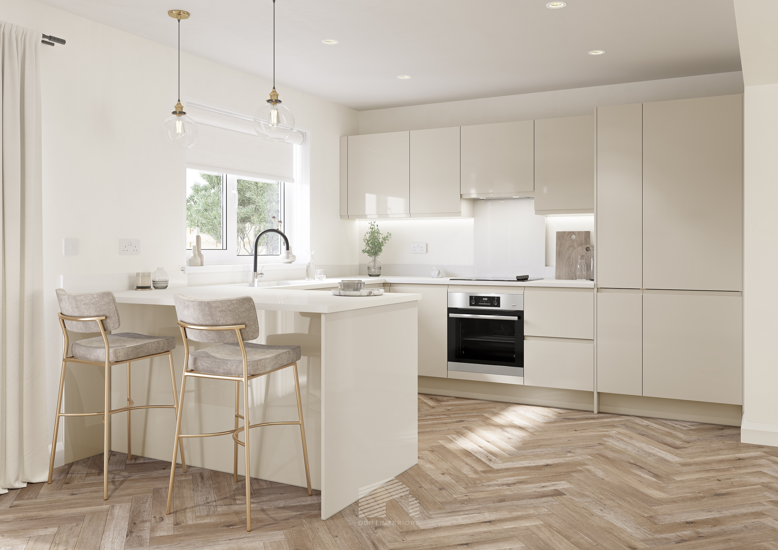 Modern white kitchen with an island, pendant lights, and hardwood flooring. There's a window with a view of trees, a faucet, and decorative items on the counter.