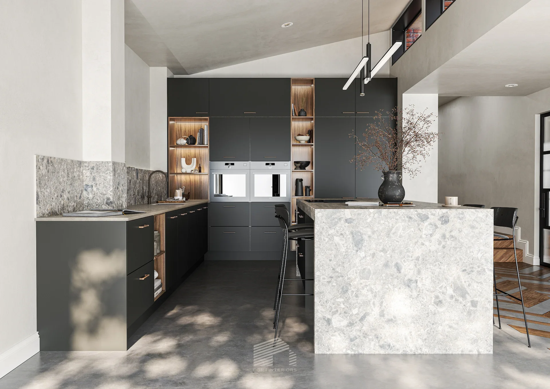 Modern kitchen with dark gray cabinets, wooden open shelves, marble island, and minimalist decor including a vase with branches and small decorative items.