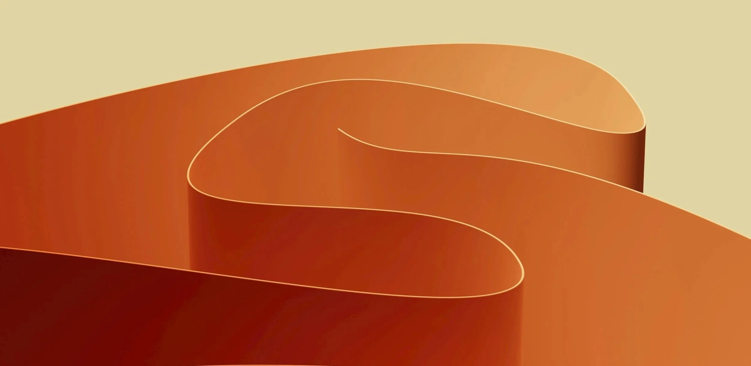 An abstract illustration of a brown, flowing ribbon-like shape with smooth curves on a beige background.