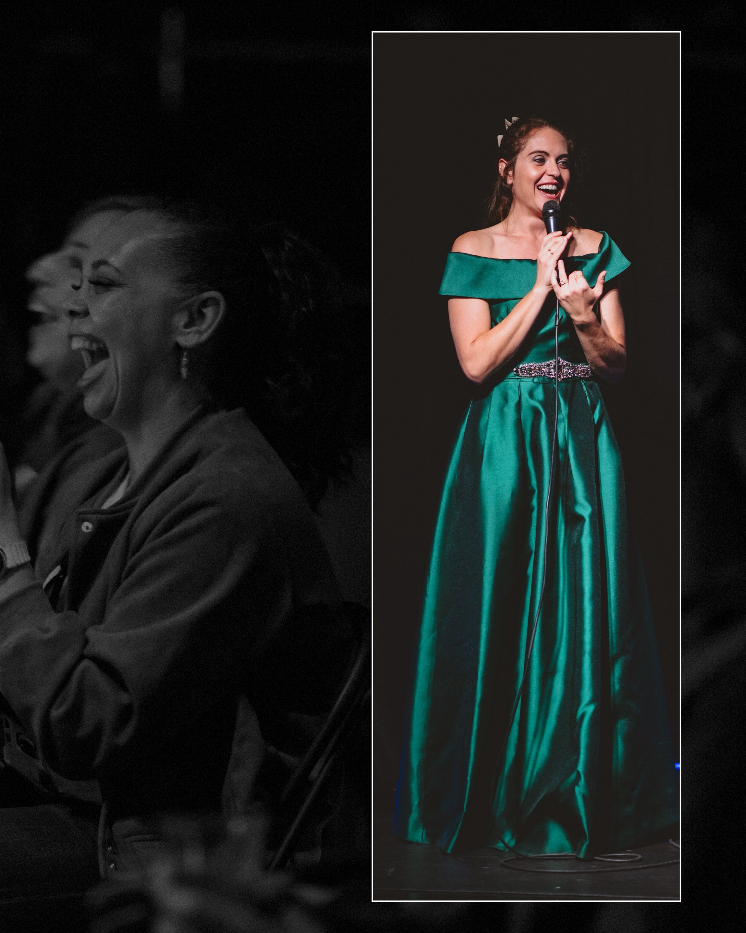 Side-by-side comparison of a woman laughing in black-and-white on the left and smiling while standing on stage with a microphone in full color on the right.