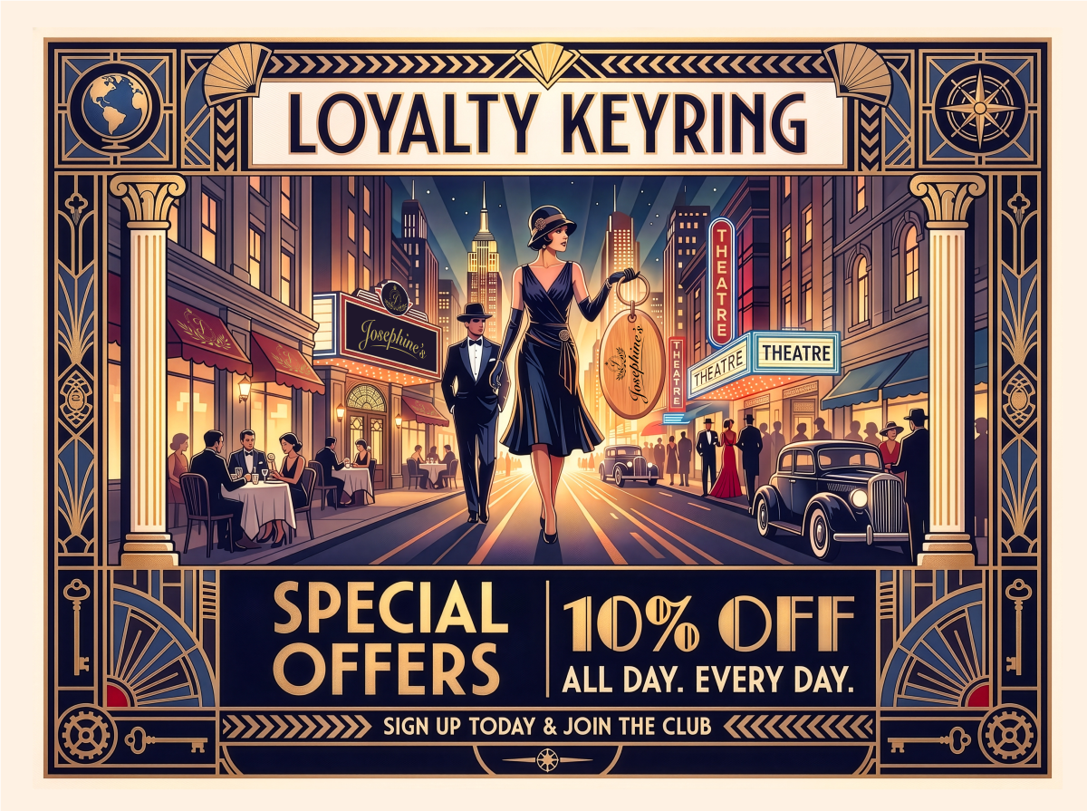 Art Deco style vintage city scene with people walking on the street, includes theater signs, a woman holding a keychain with a quote, and a 10% discount offer at the bottom.